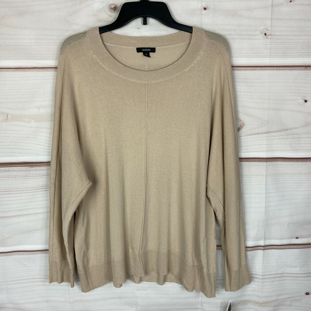 Alfani Sweater Womens 0X Plus Beige‎ Pullover Round Neck Dolman Sleeve Solid